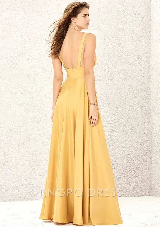 TingPo Wholesale Elegant A-line V Neck Sleeveless Charmeuse Long/Floor-Length Bridesmaid Dress With Split